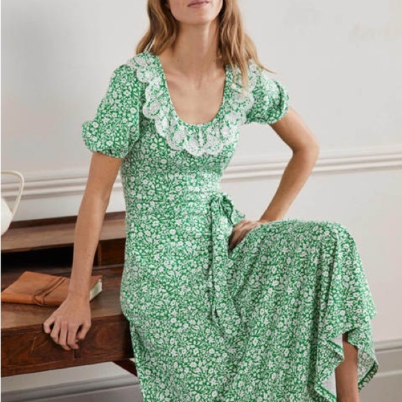 BODEN US 2R Trim Detail Jersey Midi Dress navy blue floral 0521 - Picture 2 of 15